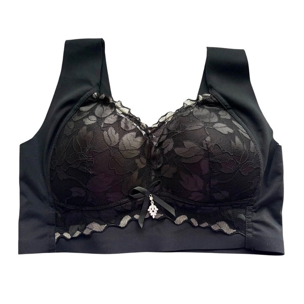 Senobra Black Floral Lace Wireless Bra Rhinestone Charm Bralette 3XL-1.0 NEW